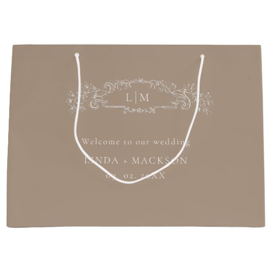 Taupe植物クレストモノグラ結婚ムの ラージペーパーバッグ (正面)