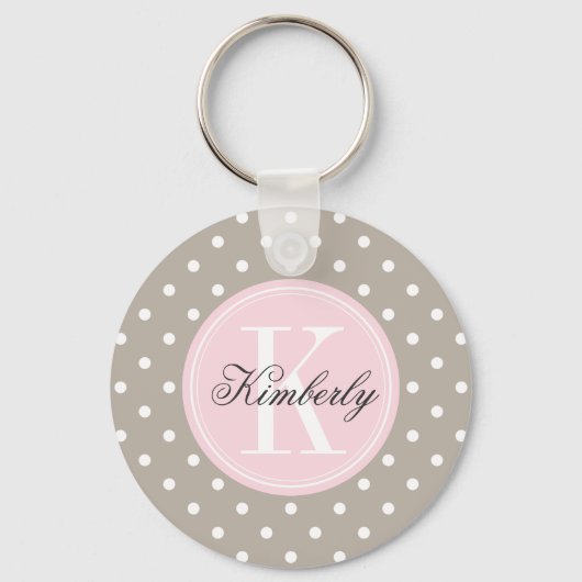 Taupe水玉模様とピンクモノグラム キーホルダー (正面)