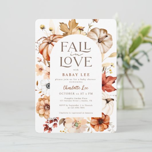 Taupe秋インラブフローラアーチカボチャ赤ちゃんシャワー 招待状 (スタンド正面)