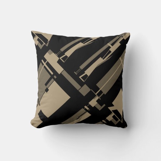 Taupe茶色の斜線が黒の上に不規則な形状 クッション (正面)