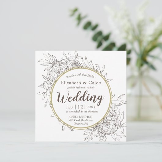 Taupe & 金ゴールド牡丹モダンフローラ結婚トイル 招待状 (スタンド正面)