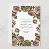 Taupe and Olive Green Watercolor Floral Wedding 招待状 (正面)