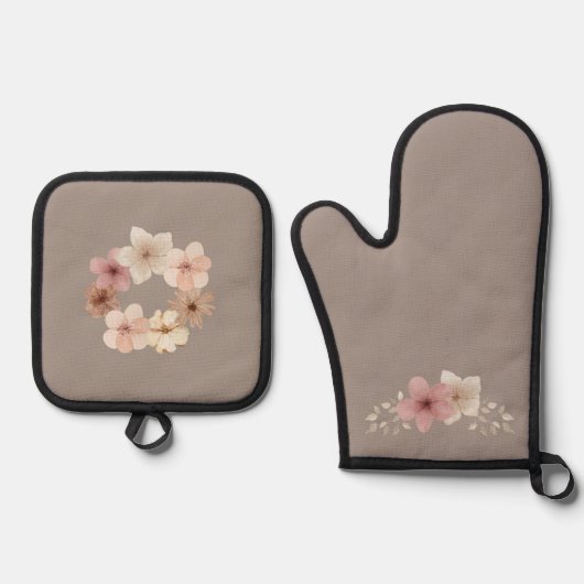 Taupe and Pink Floral  鍋つかみ&鍋敷きセット (正面)