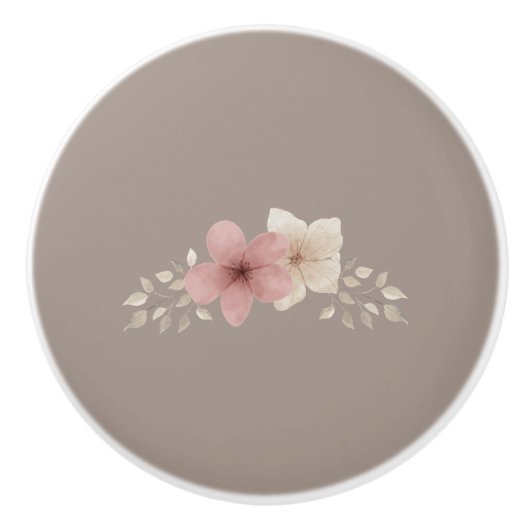 Taupe and Pink Floral Ceramic Drawer Pull セラミックノブ (正面)