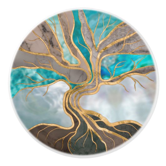 Taupe and teal Marble Tree of life セラミックノブ (正面)