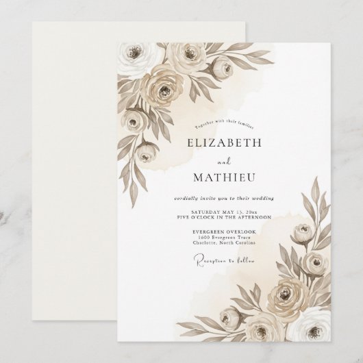 Taupe Artistic Floral Romance Wedding 招待状 (正面/裏面)