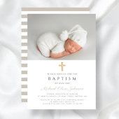 Taupe Beigeのストライプ信教クロス写真バプテスマ 招待状