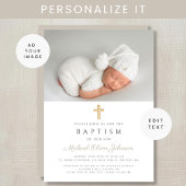 Taupe Beige宗教的モダンクロスフォトバプテスマ 招待状