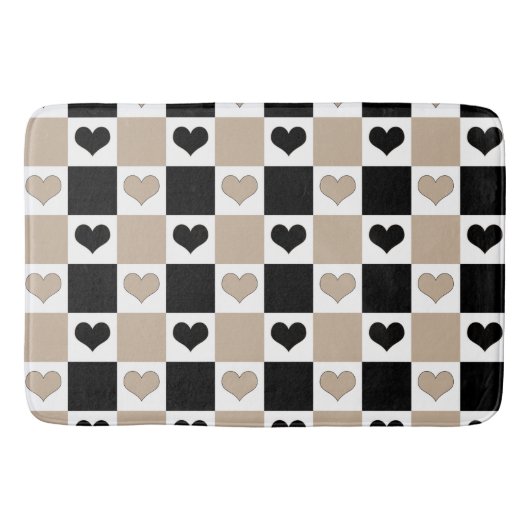 Taupe、Black、Whiteの格子縞ハート バスマット (正面)