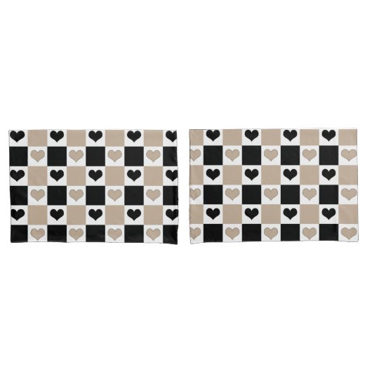 Taupe、Black、Whiteの格子縞ハート 枕カバー (フロントセット)
