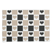 Taupe、Black、Whiteの格子縞ハート 枕カバー (正面右)