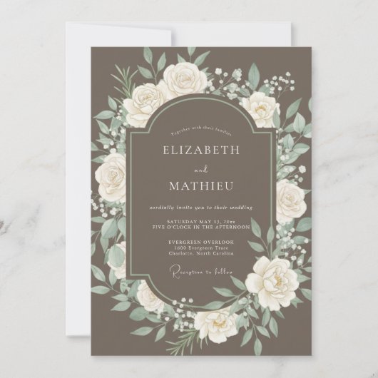 Taupe Blooming Floral Romance Wedding 招待状 (正面)