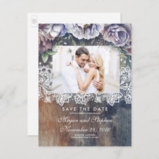 Taupe、Blue、およびMaroonのフローラ素朴が日付を保存 案内ポストカード (正面/裏面)