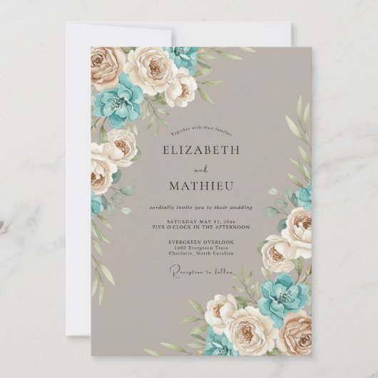 Taupe Blue Floral Arrangement Wedding 招待状 (正面)