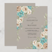 Taupe Blue Floral Arrangement Wedding 招待状 (正面/裏面)