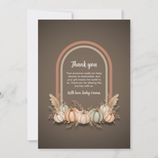 Taupe Boho Arch Pumpkin Fall Baby Shower Thank You サンキューカード (正面)