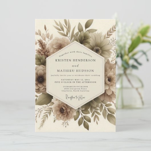 Taupe Botanical Autumn Romance Wedding 招待状 (スタンド正面)