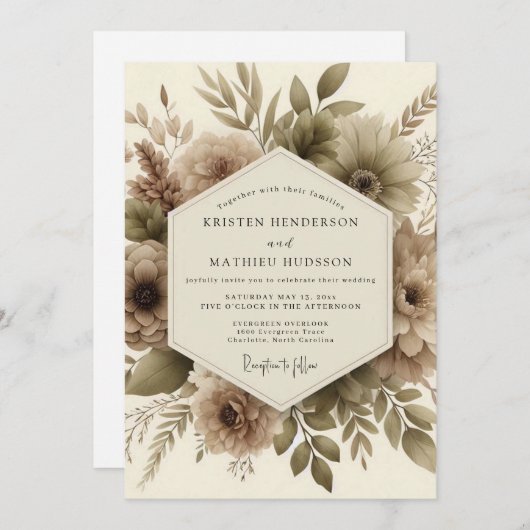 Taupe Botanical Autumn Romance Wedding 招待状 (正面/裏面)