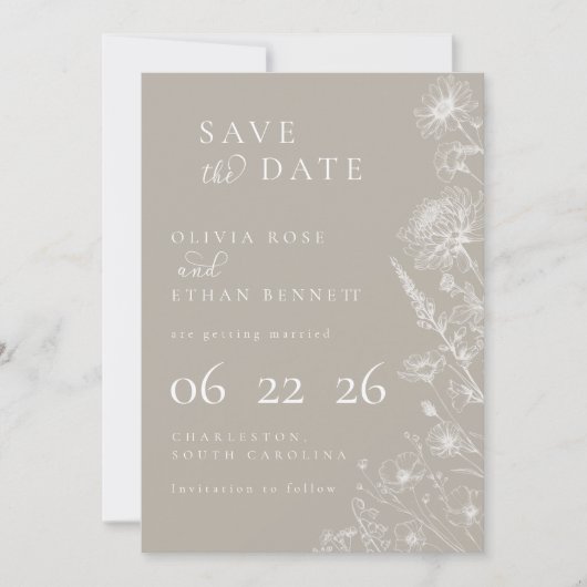 Taupe Botanical Minimal Wedding Save the Date (正面)