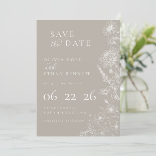 Taupe Botanical Minimal Wedding Save the Date (スタンド正面)
