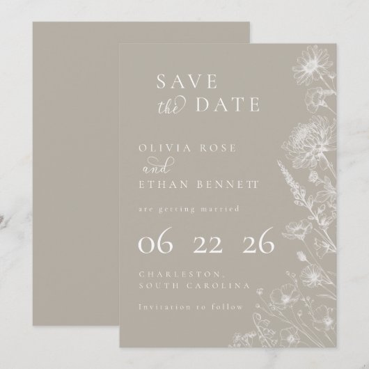Taupe Botanical Minimal Wedding Save the Date (正面/裏面)