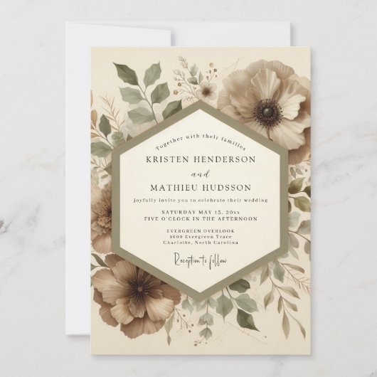 Taupe Botanical Woodland Wedding 招待状 (正面)