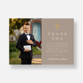 Taupe Cross Boy First Communion写真 サンキューカード