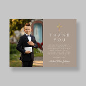 Taupe Cross Boy First Communion写真 サンキューカード