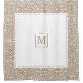 Taupe damask模様ホワイトフレームとモノグラム シャワーカーテン (正面)