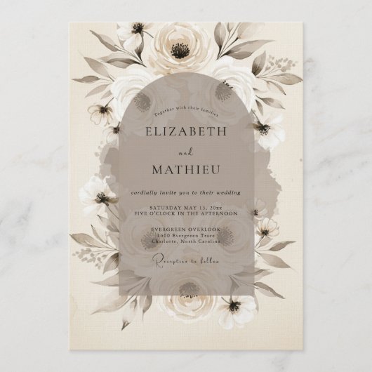 Taupe Ethereal Flora Wedding 招待状 (正面)