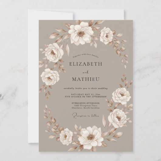 Taupe Ethereal Floral Flourish Wedding 招待状 (正面)