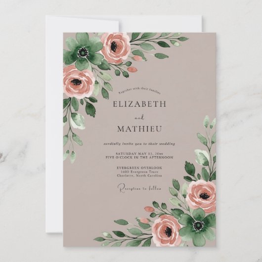 Taupe Exquisite Watercolor Wedding 招待状 (正面)