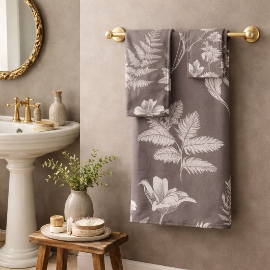 Taupe Ferns Flowers Botanical Pattern バスタオルセット