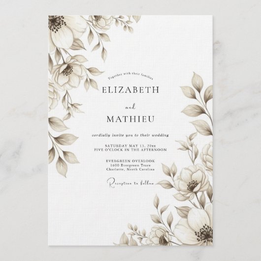 Taupe Floral Bloom Wedding 招待状 (正面)