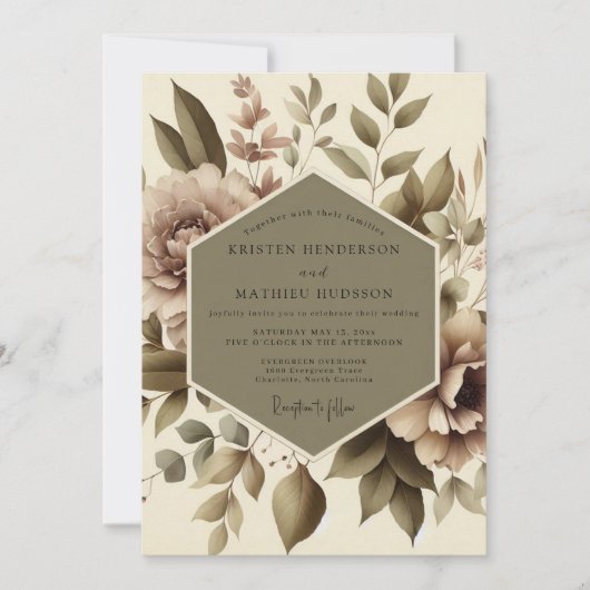 Taupe Floral Botanical Wedding 招待状 (正面)