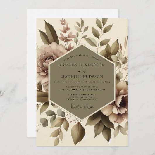 Taupe Floral Botanical Wedding 招待状 (正面/裏面)