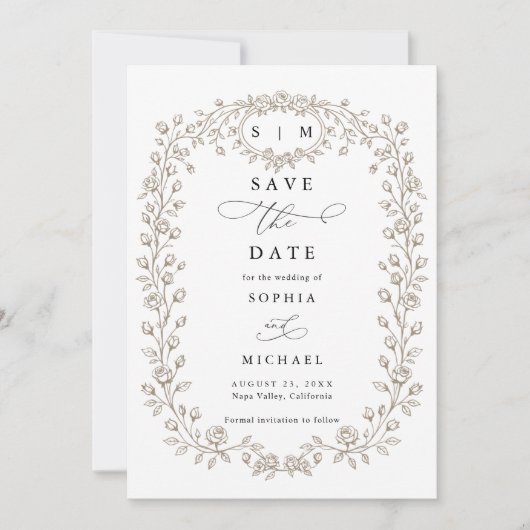 Taupe Floral Line Art Save The Date Invitation セーブザデート (正面)