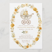 Taupe Floral Pram Baby Shower Invite 招待状 (正面)