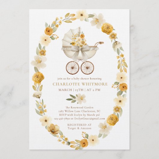 Taupe Floral Pram Baby Shower Invite 招待状 (正面)
