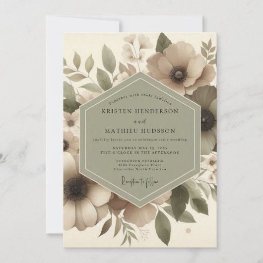 Taupe Floral Woodland Romance Wedding 招待状 (正面)
