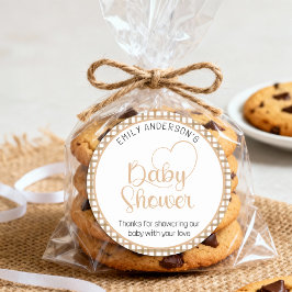 Taupe Gingham Baby Shower Favor Sticker ラウンドシール