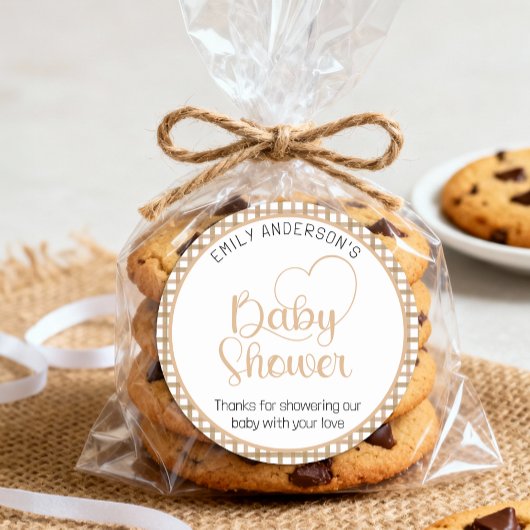 Taupe Gingham Baby Shower Favor Sticker ラウンドシール