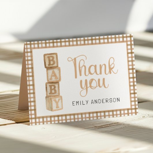 Taupe Gingham Baby Thank You Card | Blocks サンキューカード