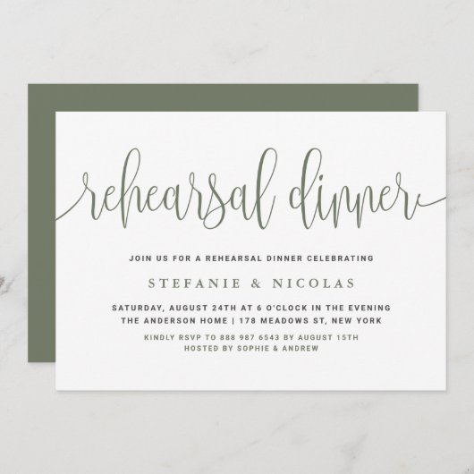 Taupe Green書道かわいらしリハーサルディナー 招待状 (正面/裏面)