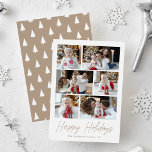 Taupe Happy Holidays Script 6 Photo Collage シーズンカード<br><div class="desc">Modern holiday card featuring 6 of your photos arranged in a collage layout. "Happy Holidays" is displayed in a handwritten taupe script with your family name and the year shown below. The multi-photo holiday card reverses to display a taupe and white Christmas tree pattern.</div>