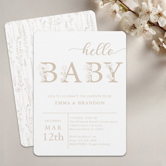 Taupe Hello Baby Wildflower Invitation 招待状