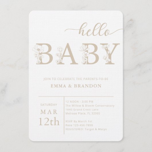 Taupe Hello Baby Wildflower Invitation 招待状 (正面)