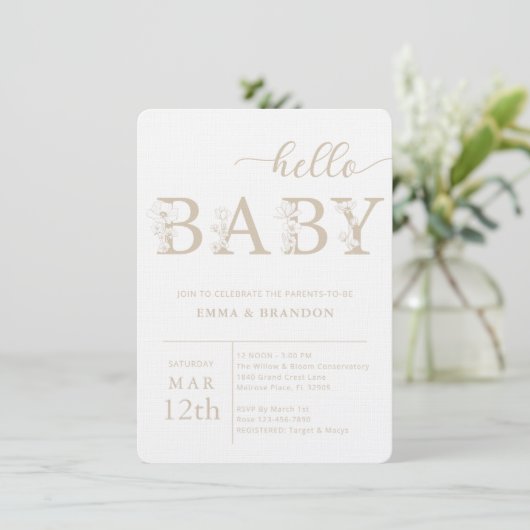 Taupe Hello Baby Wildflower Invitation 招待状 (スタンド正面)