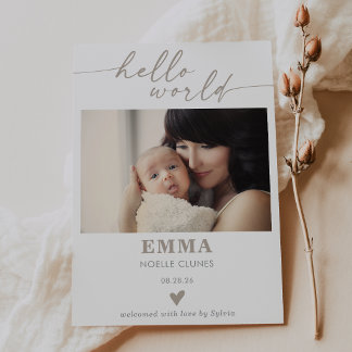 Taupe Hello World Photo Baby Announcement Card 招待状