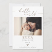 Taupe Hello World Photo Baby Announcement Card 招待状 (正面)